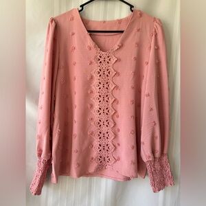 Women's Casual Lace Shirred Long Sleeve Blouse Swiss Dot Round Neck Size Small